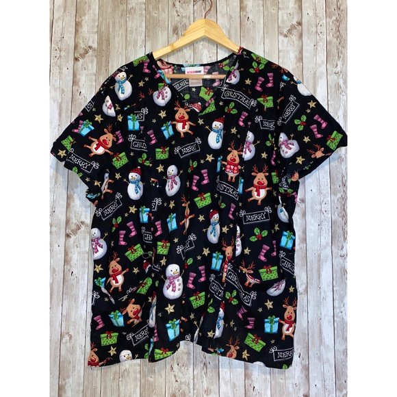 Scrubstar Top Womens 3X Black Merry Christmas Snowman Medical Nurse Uniform Top - Picture 1 of 9